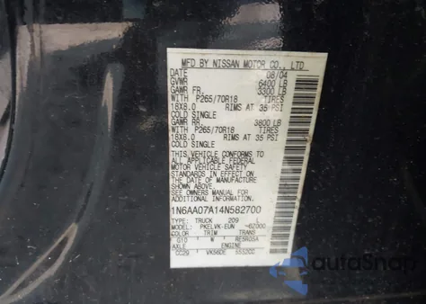 2004 Nissan Titan Le z USA, uszkodzony, nr VIN 1N6AA07A14N582700